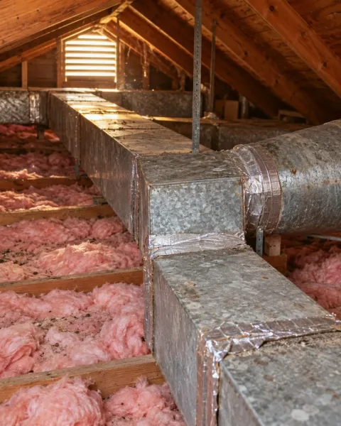 Older metal ductwork in the attic of a ranch house.