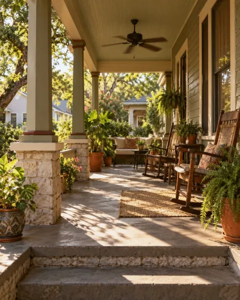 The deep porch of an older bungalow with a ceiling fan.