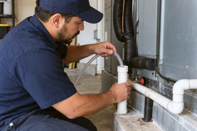 A technician flushes the condensate drain line with a hose.