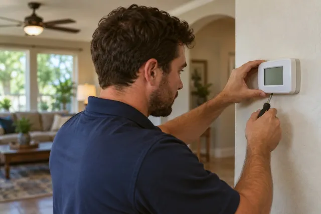 A technician checks the thermostat on a living room wall.