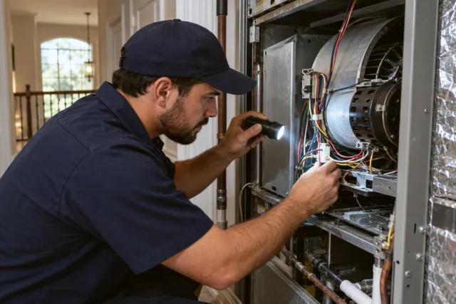 A technician checks the blower and wiring of the indoor unit with a flashlight.