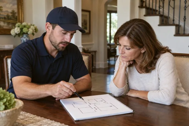 A technician sketches the home's layout to explain sizing to a homeowner.