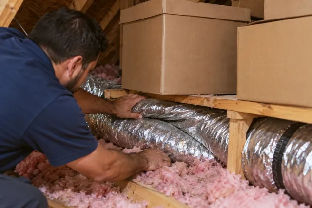 A technician reaches under storage boxes to a crushed flex duct in the attic.