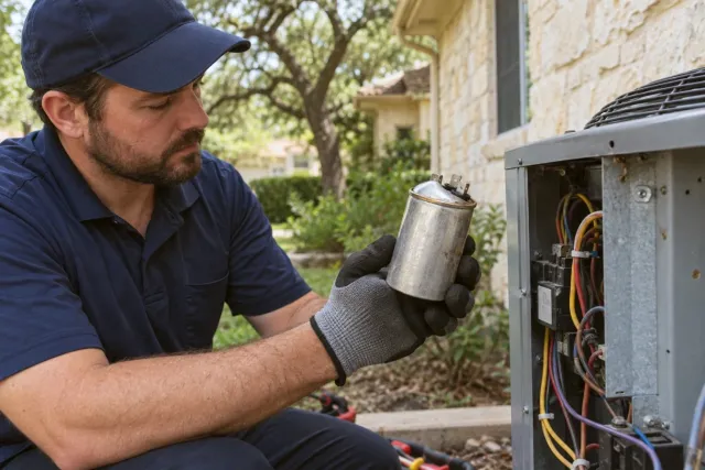 A technician holds a swollen run capacitor taken from the outdoor unit.