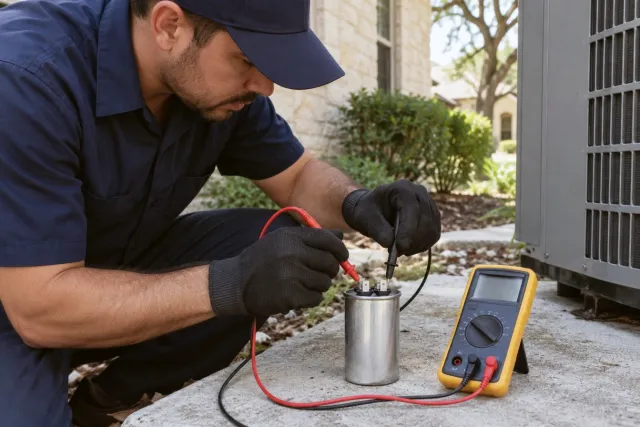 A technician tests a capacitor with a multimeter on the concrete pad.