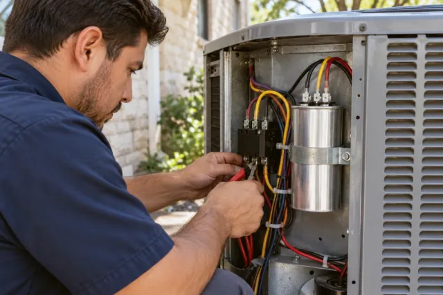 A technician fits a new capacitor in the outdoor unit's electrical panel.