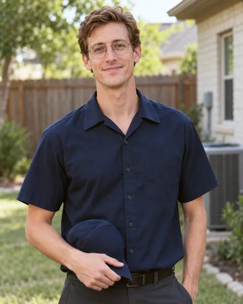 A man with glasses holds a navy cap in a backyard beside an outdoor unit.