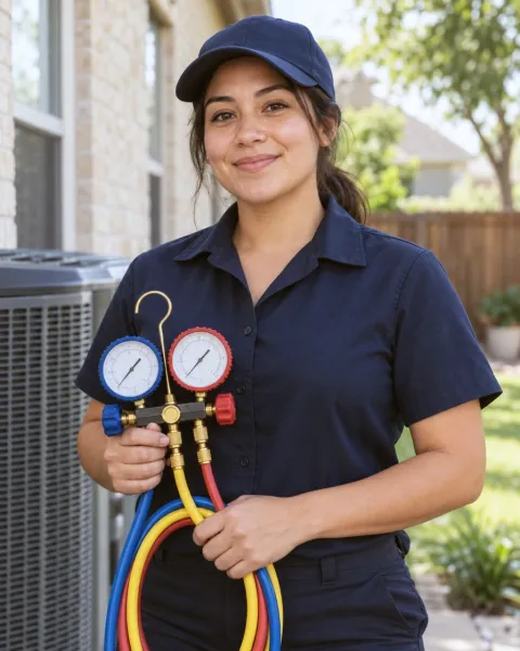 Portrait of a technician holding manifold gauges.