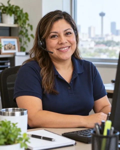 Portrait of a woman in a navy polo shirt smiling at her desk.