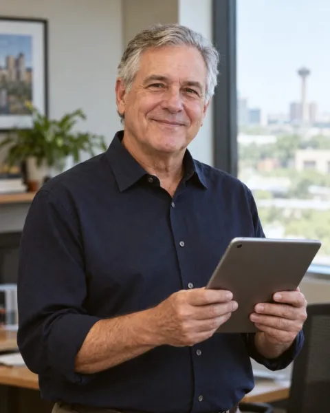 Portrait of a man with a tablet in a home office.